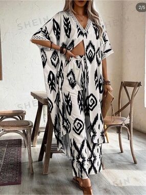 New Geometric Print Open Front Kimono & Wide Leg Pants Set